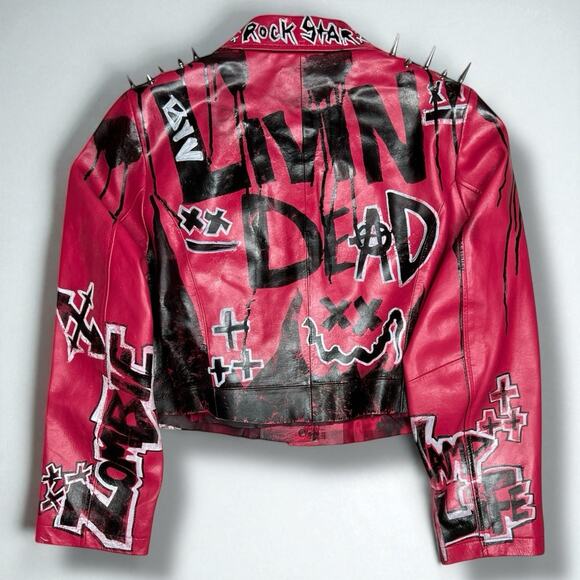 Red Faux Leather Graffiti Jacket Spikes Punk Indie Artist Streetwear OOAK Alt M - Picture 1 of 8